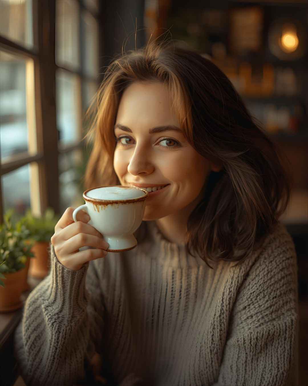 happy woman drinking coffee, carefree, not worried about her love life
